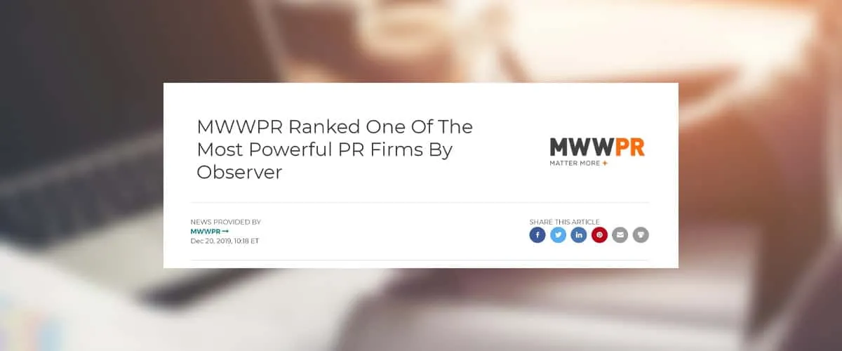 MWWPR Ranked One Of The Most Powerful PR Firms By Observer