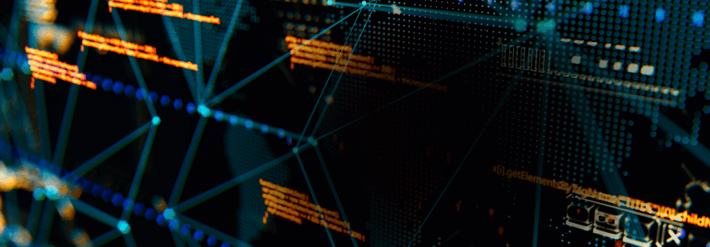Futuristic digital data network with interconnected lines and glowing data points.